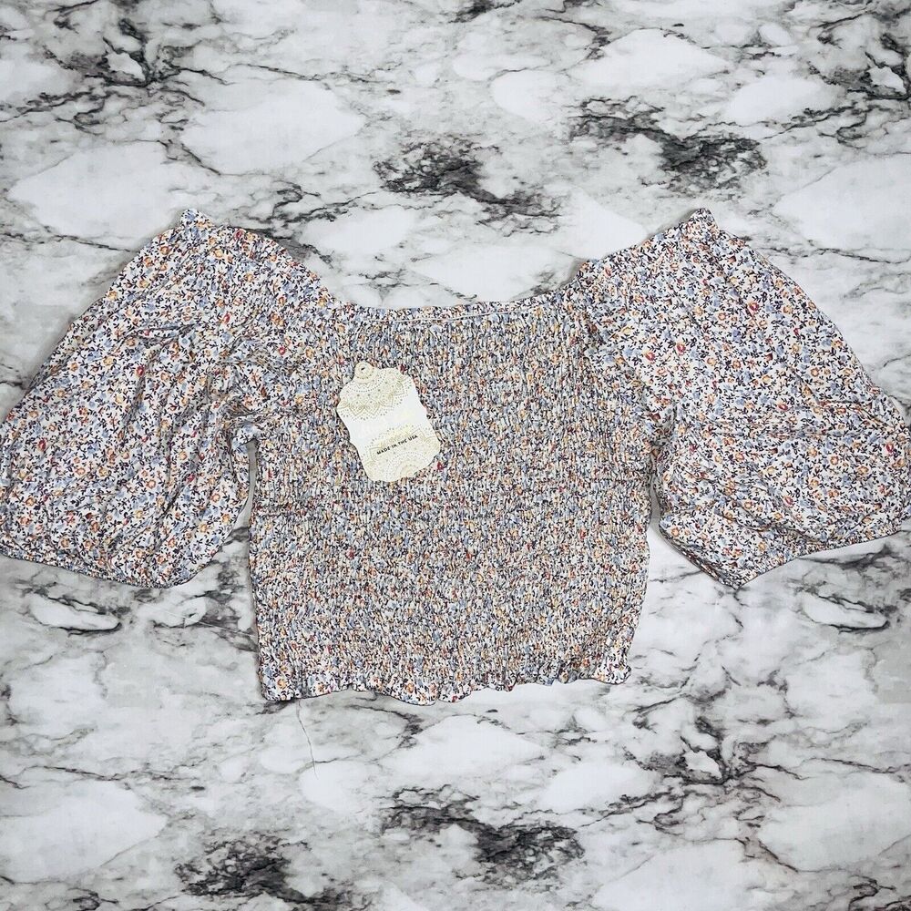NWT Altar'd State Floral Smocked Top Women Size Md White Puff Sleeve Boho Beach